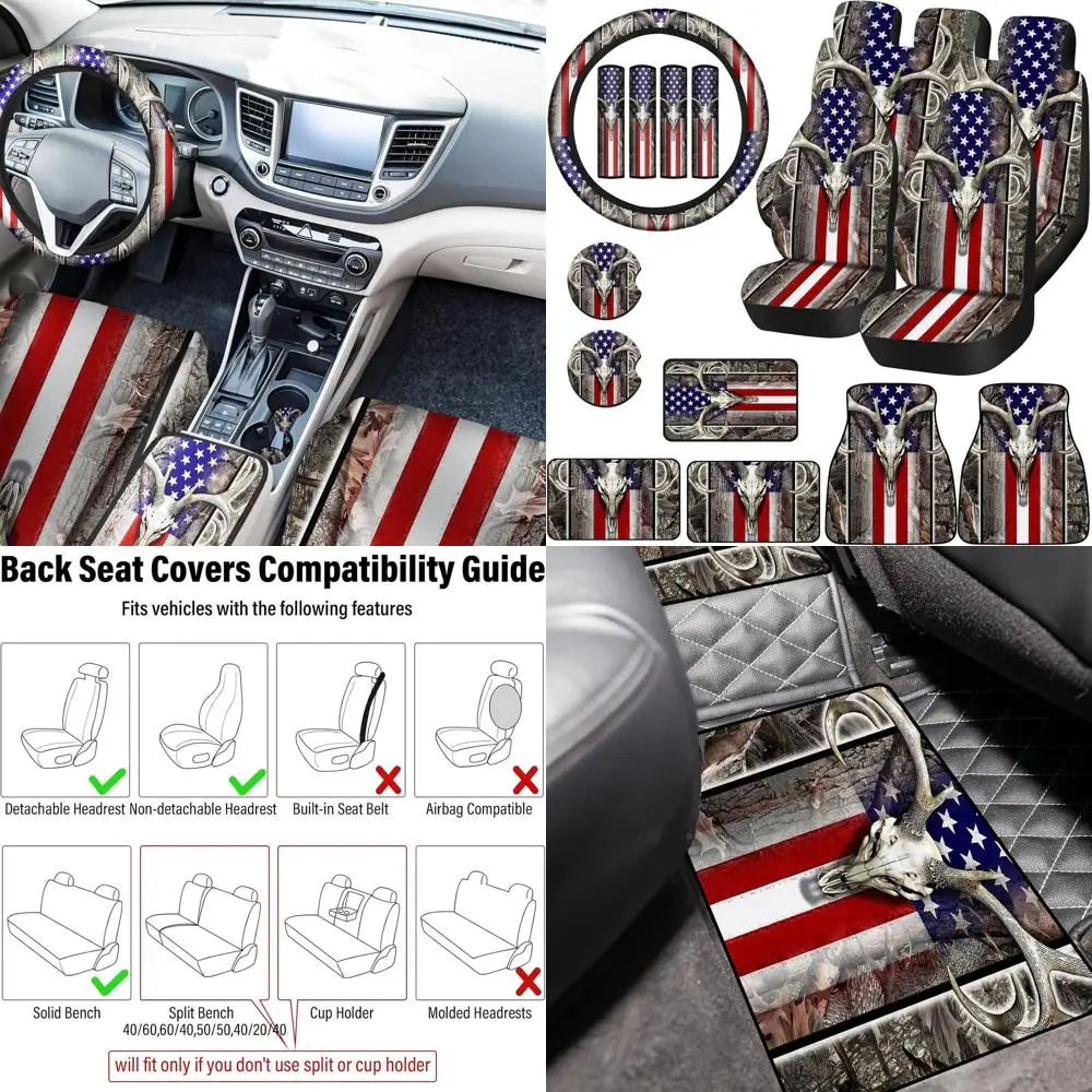 

19-компонентные камуфляжные чехлы на автомобильные сиденья с патриотическим американским флагом — полный комплект с дизайном черепа и оленя, чехлом на руль, напольным ковриком, Armre