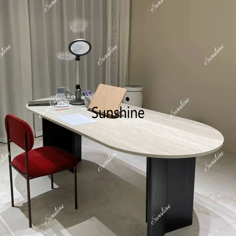 French retro, rock slab dining table oval, solid wood small apartment