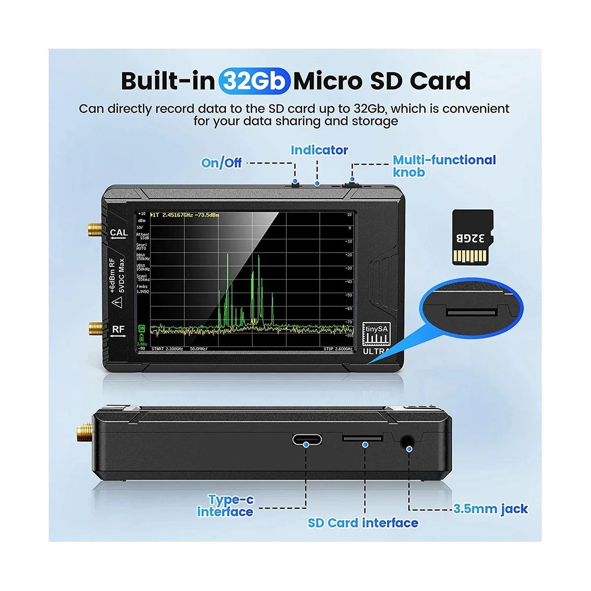 Tinysa Ultra 4Inch Spectrum Analyzer Handheld TINY SA Frequency Analyzer 100kHz-5.3GHz add 32GB Card Network Internal Lan Tester