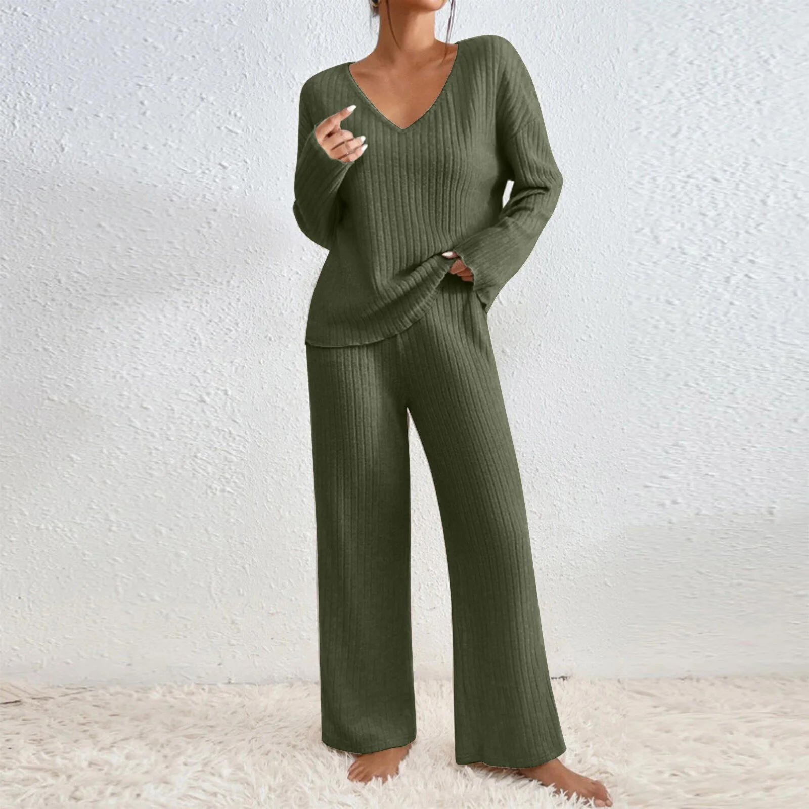 Damen Geripptes Strick-Zweiteiler-Set V-Ausschnitt Langarm-Oberteil Weite Hose Herbst Locker Lässige Loungewear Eleganter Hausanzug – Detail 4