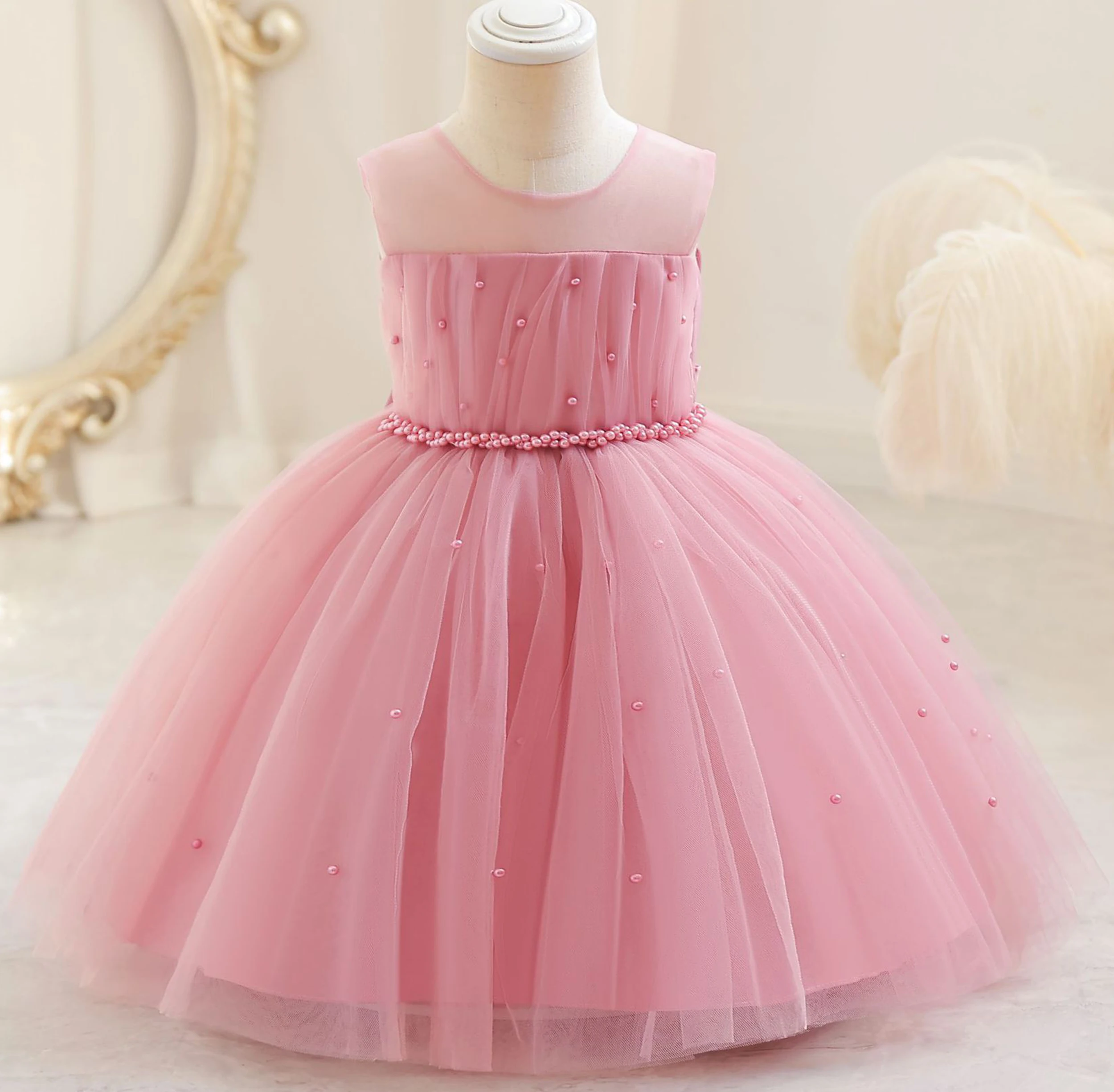 

Baby Little Girls Flower Girl Dress Toddler Sheer Neck Beaded Birthday Party Pageant Dress TT088