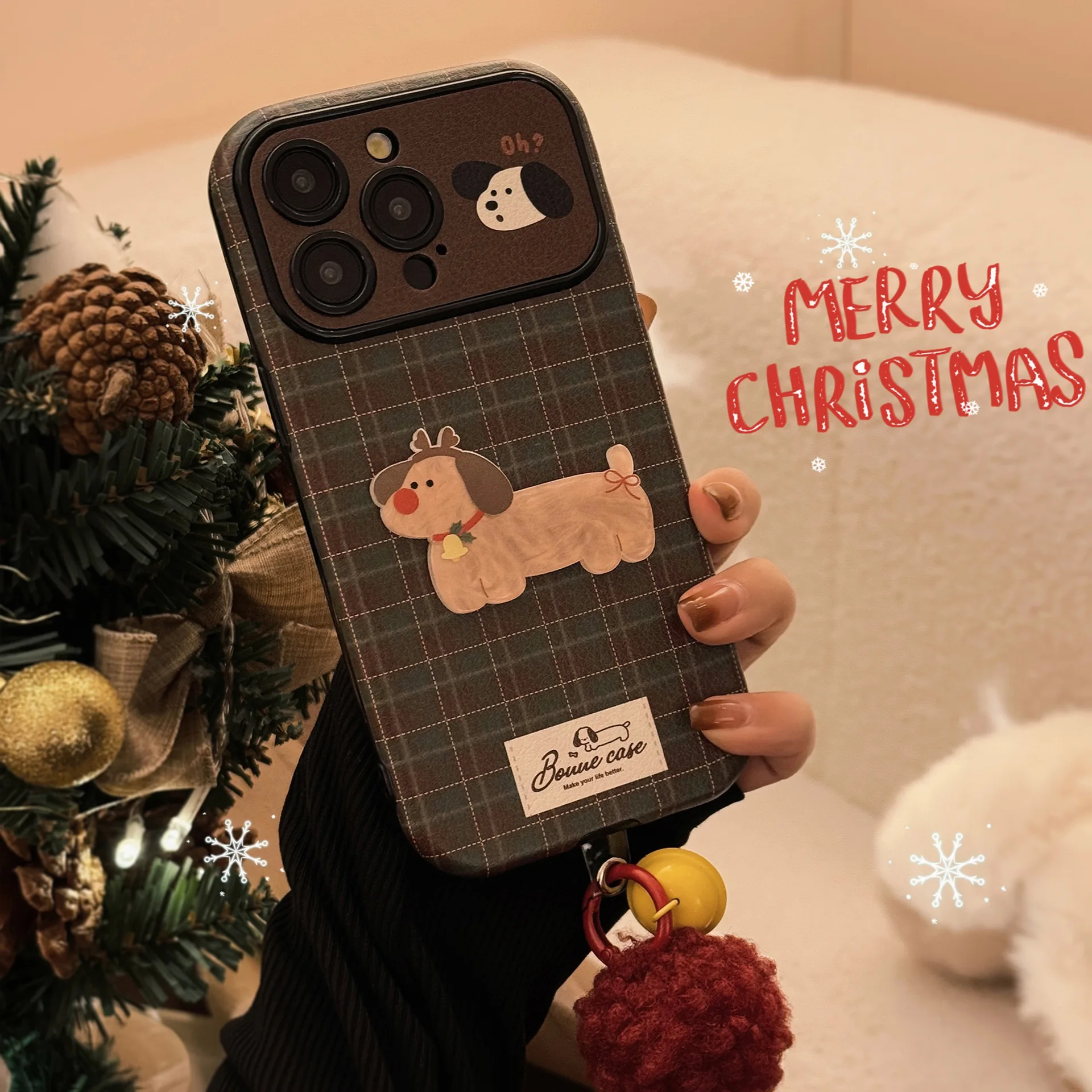 Korean 3D Christmas Elk Puppy Grid Pattern Leather Texture Phone Case For iPhone 17 16 15 14 13 12 11 Pro Max Shockproof Cover