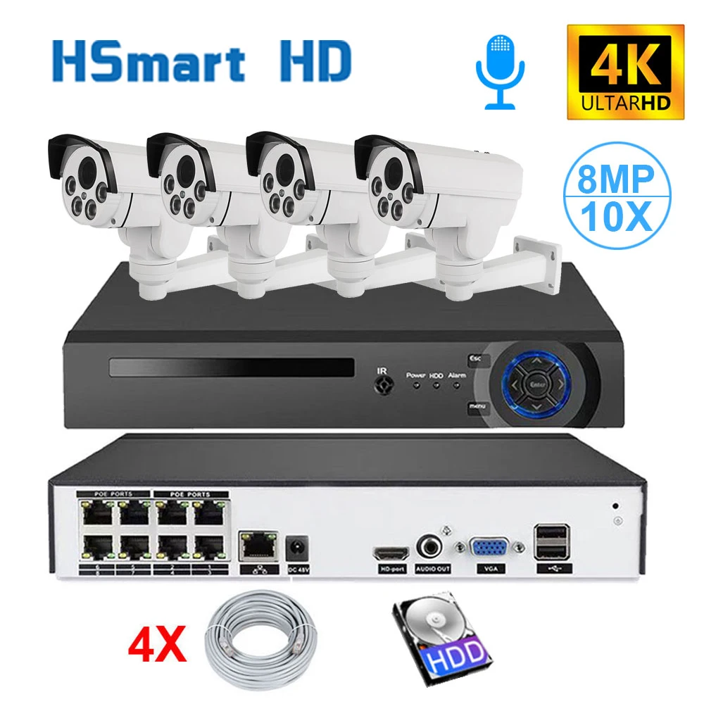 8CH 4K NVR 8MP IP PTZ 10X 줌 카메라 POE IP 야외 보안 시스템 키트 오디오 CCTV 카메라 p2p보기 H.265 APP Xmeye 