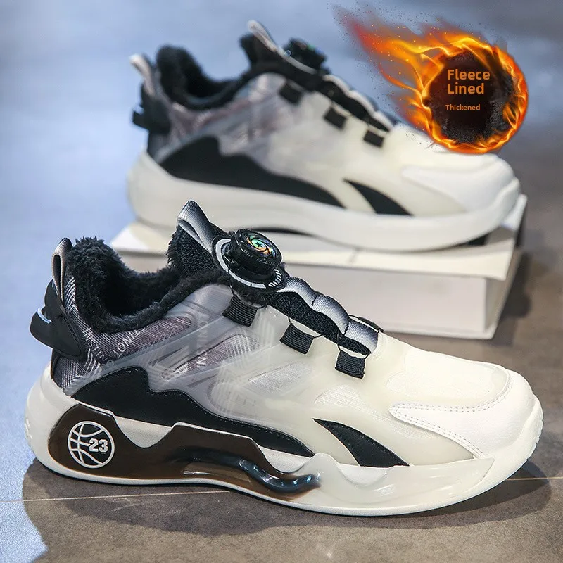 

Pu'er Men's Winter Running Shoes Anti-slip Shock-absorption Fleece Lined Rotating Button Dad Trendy Sneakers Sport Casual