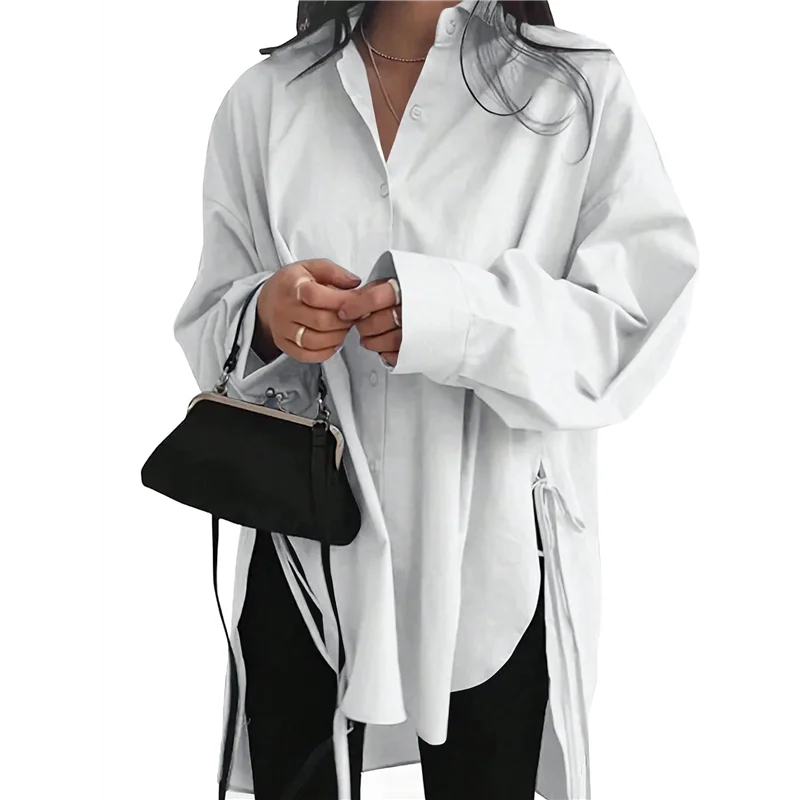 

A83F-Женские рубашки большого размера на пуговицах, блузки с длинными рукавами и разрезом, низкие