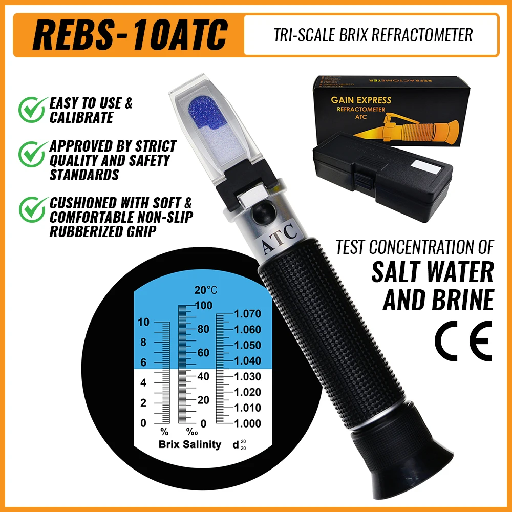 

Salinity Meter Refractometer Tri-Scale ATC 0-100 ppt Salinity Range 0 to 10% Brix For Seawater Saltwater Marine Coral Fish Tank