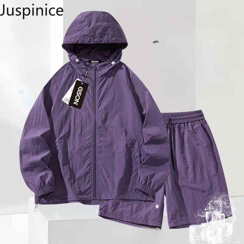 

Summer Ice Silk Sun Protection Jacket Shorts Suit Couple Breathable Anti-UV Loose Casual Jacket Five-quarter Pants Male Clothes