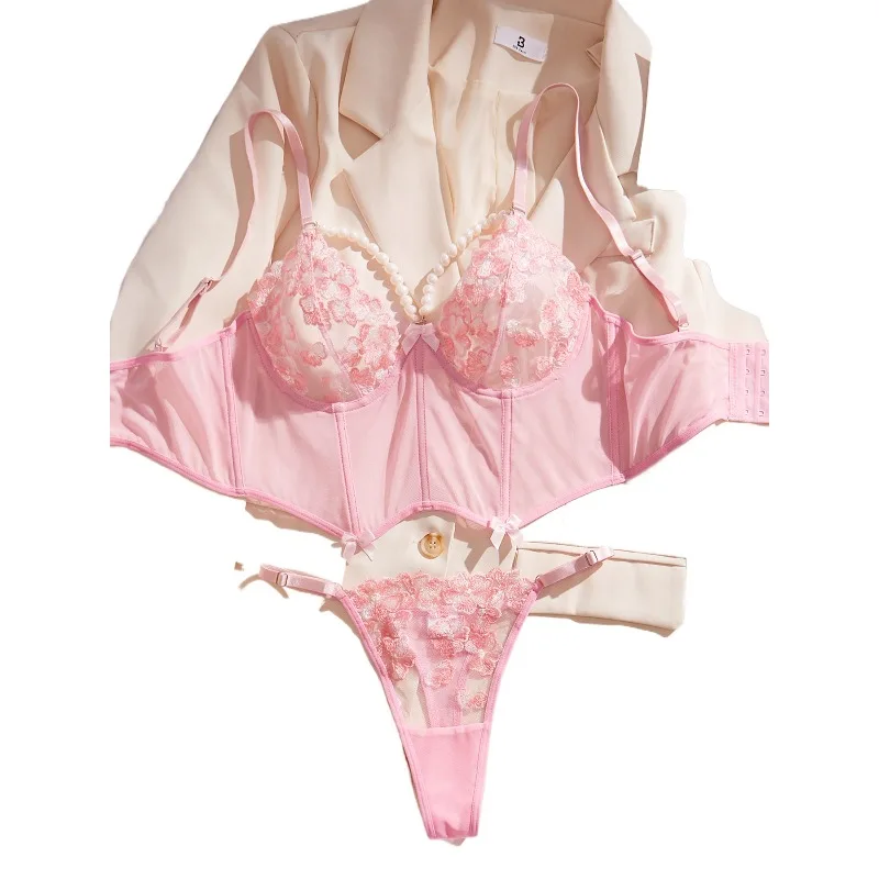 

Women's Lace Floral Embroidered Lingerie Set with Pearl Chain & Thin Splicing Design