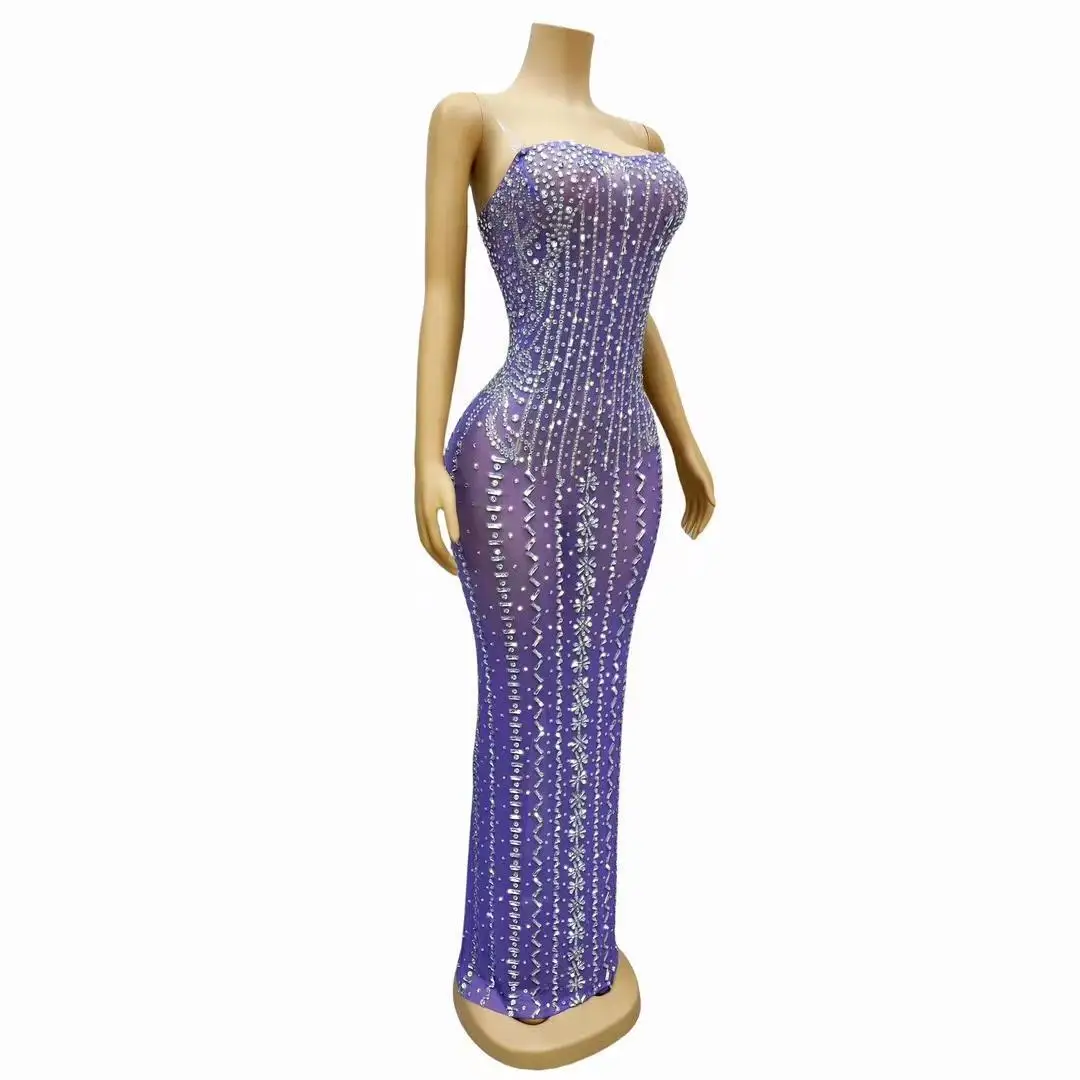 Luxury Fashion Diamonds Purple Dresses for Women Prom Gowns Black Girls Bar Singer Stage Party Performance Clothing Ziwu