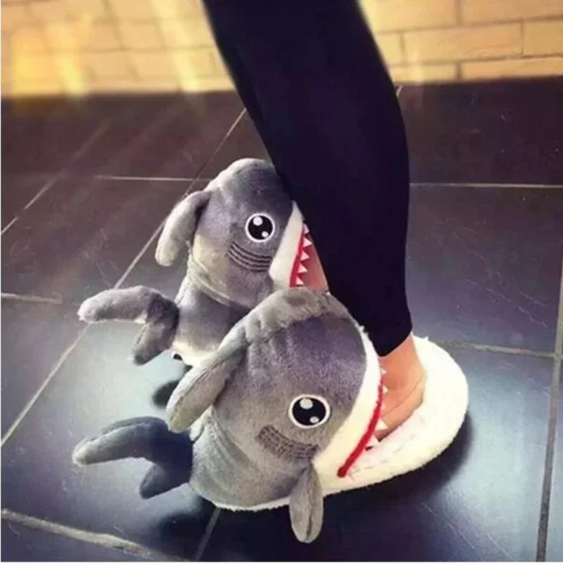 Shark Slippers Cute Cartoon Shark Cotton Slippers for Women, Anti Slip Thick Sole, Warm and Personalized Plush Home Cotton Shoes