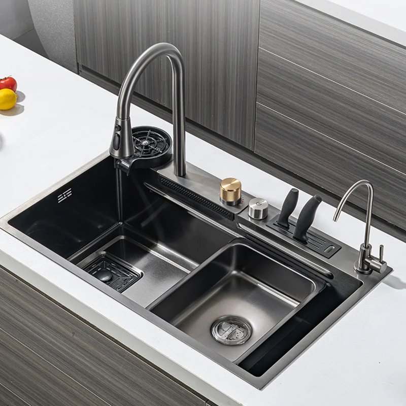 

Kitchen Sink Drainage Vegetable Washing Basin Single Slot Left Waterfall Faucet Nano 304 Stainless Steel Under Table Sink Set