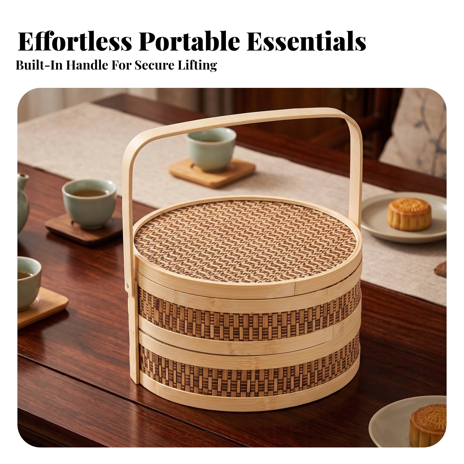 Bamboo Gift Basket Decorative Double-Layer Food Basket Bamboo Gift Box Eco-Friendly Sturdy for Mooncake Presentation