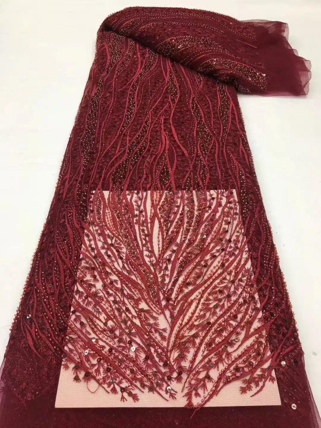 

Red African Heavy Beaded Lace Fabric Nigerian Sequins Groom Lace Fabric Wedding Party Dress Sewing High Quality 5 Yards 2025