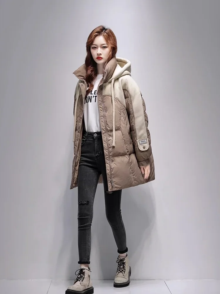 Winter Clothes for Women White Duck Down Thick Warm Mid-length Down Coats Color Collision Splicing Loose Casual Hooded Overcoat