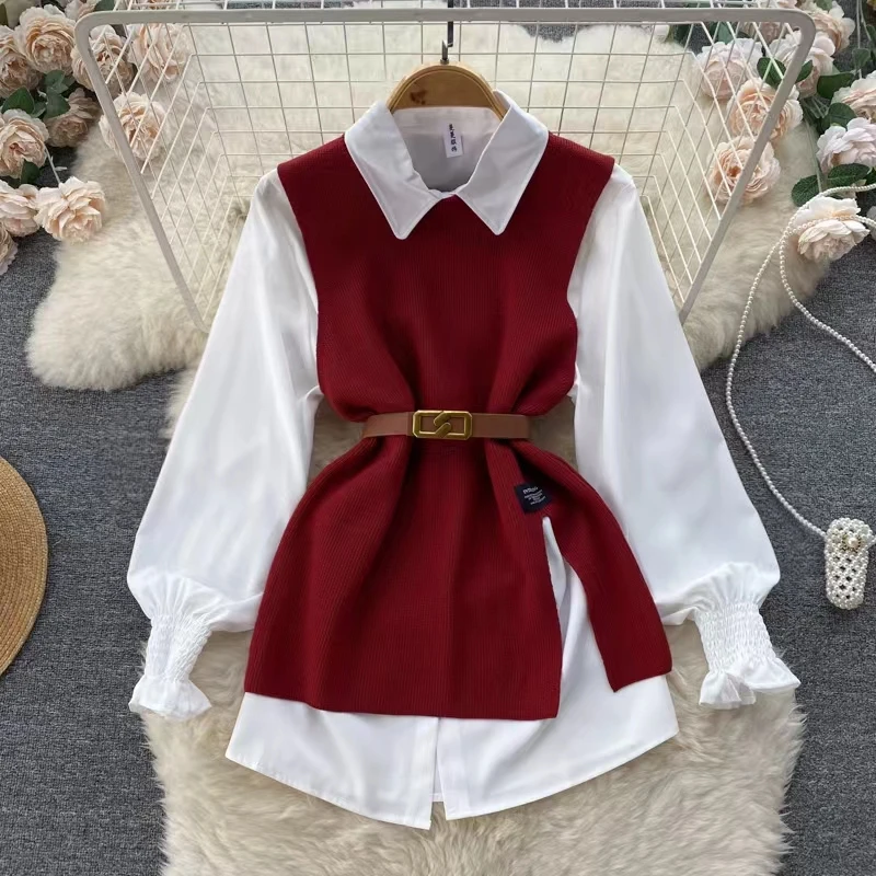 New Autumn Vest Sets Women Lantern Long Sleeve Lapel White Shirt + Casual Loose Knitted Vest Sweater Two Piece Set With Belt