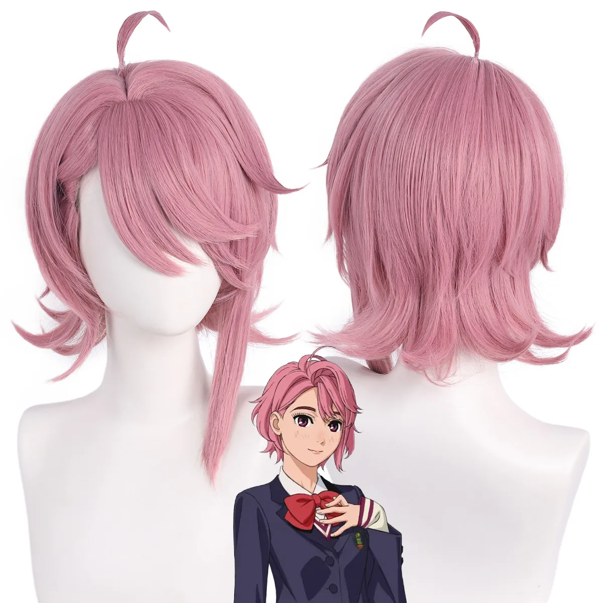 

Synthetic Cosplay Wig Pink Short Hair with Scalp Top for Airo-Inspired Style, Mantis Layer Wolf Cut, Party Costume