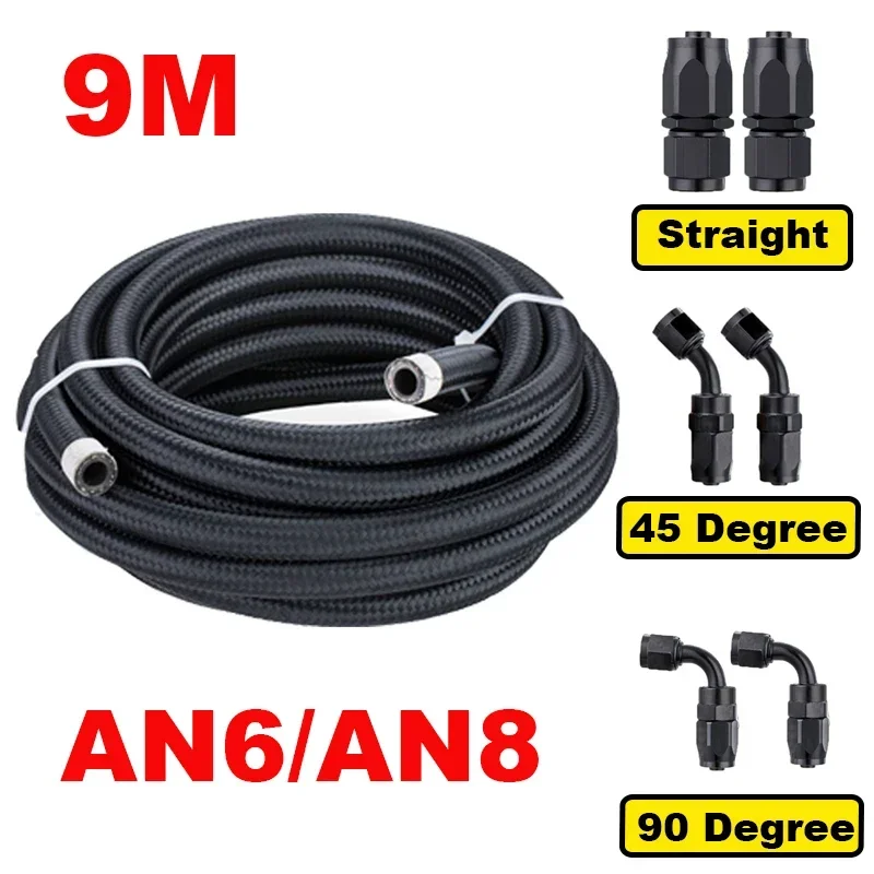 30FT/9M AN6 AN8 Stainless Braided Nylon CPE Oil Fuel Fittings Hose End 0+45+90 Degree Oil Adaptor Kit Black Oil Fuel Hose Line