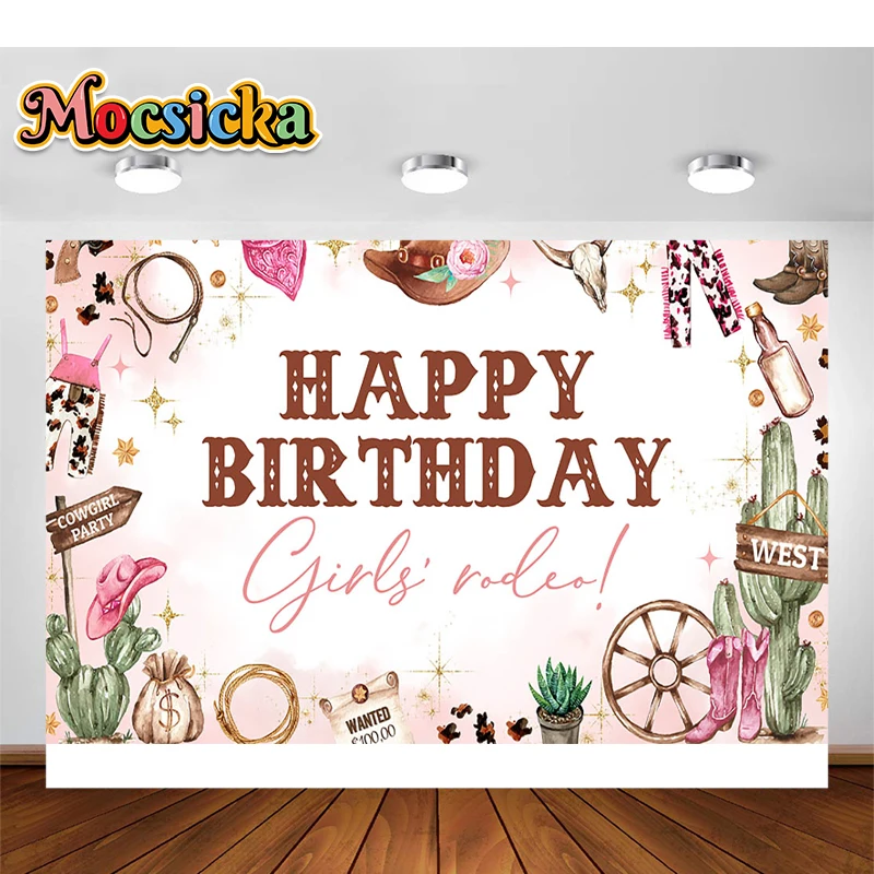 

Mocsicka Happy Birthday Backdrop For Photography Gold Frame West Cowboy Grass Flowers Baby Shower Custom Photo Background