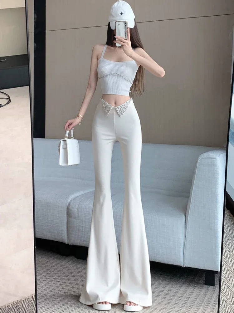 여성을위한 하이 엔드 헤비 크래프트 다이아몬드 박힌 플레어 슈트 바지 새로운 하이 웨이스트 슬림 피트 다목적 플레어 바지