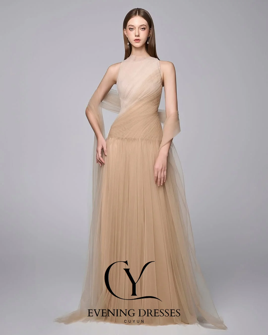 CUYUN robe de soirée élégante col rond sans manches robes de soirée en Tulle couleur contrastée une ligne robes de bal robe d'anniversaire personnalisée