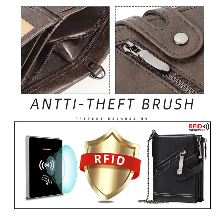 ​ ​ Portfel męski w stylu retro vintage z 2025 roku z łańcuszkiem, zabezpieczeniem RFID przed kradzieżą, ze skóry syntetycznej, z podwójnym zamkiem błyskawicznym, etui na karty kredytowe i portmonetką na monety. ​