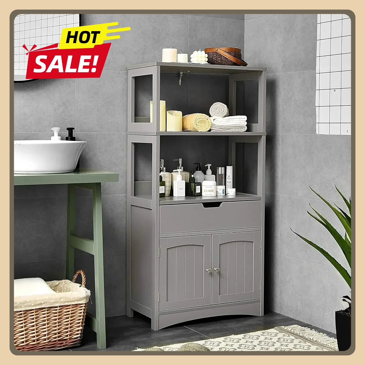 

Bathroom Floor Cabinet with Drawer, Multipurpose Free Standing Storage Cabinet (Grey) 2 Open Shelves and Door Cupboard