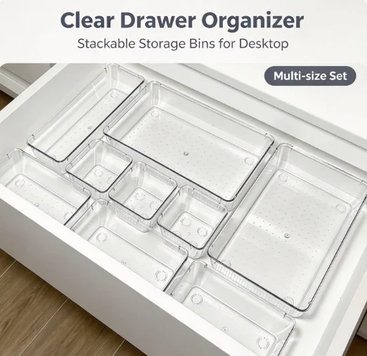 HTMCK 7pc Desk Drawer Organizers Set Plastic Bathroom Storage Makeup Organizer Clear Transparent Storage Box Drawer Organizer