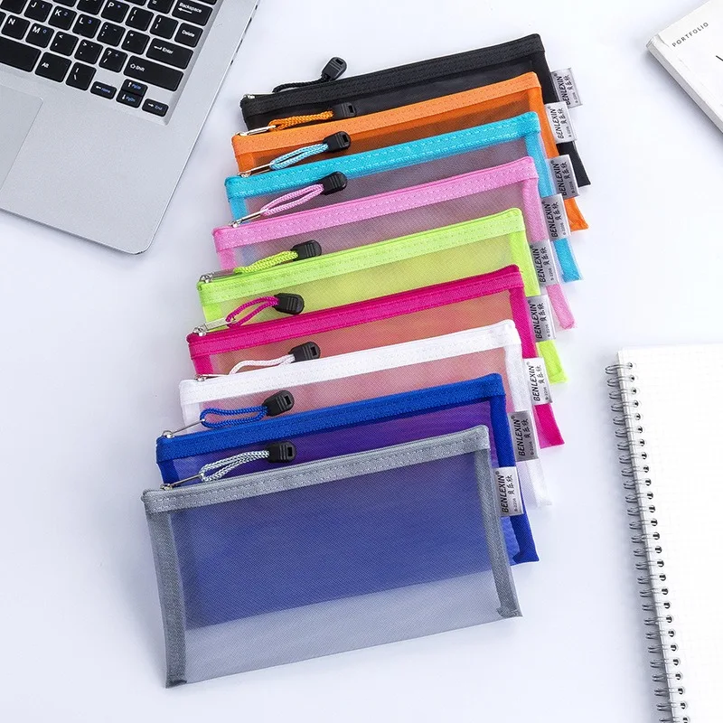 A6 Transparent Mesh Pen Case Portable Simple Large Capacity Student Stationery Zipper Bag Pouch Cosmetic Bag