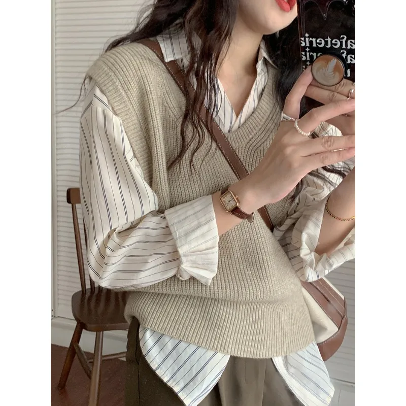 Women Lazy Style Early Autumn Soft Loose V Neck Knit Vest Versatile Sleeveless Sweater Waistcoat