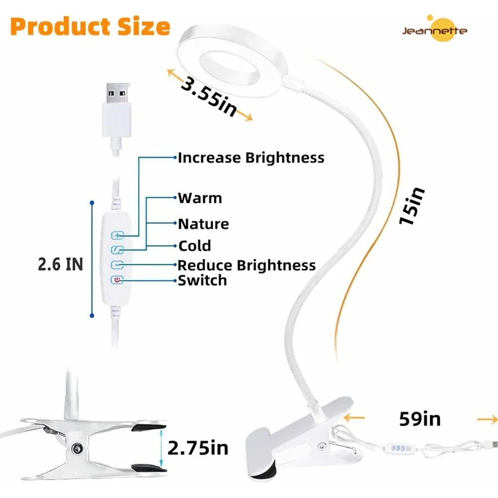 Imagem -02 - Lâmpada de Mesa Led com Braçadeira Regulável Clipe na Luz do Livro Leitura 10 Nível Brilho Modos Iluminação Flexível Estudo Lâmpada Mesa Usb