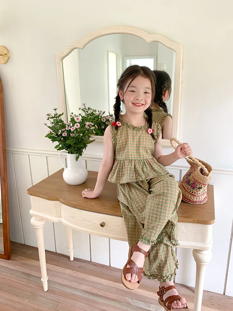 

Girls' Suit Summer New Plaid Lace Vest Doll Shirt+Wide Leg Pants2Set Children One Piece Dropshipping