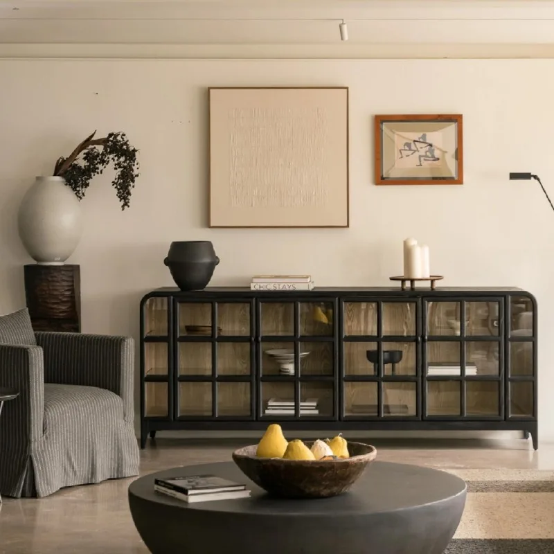Black glass door side cabinet wine cabinet, French retro multi-functional display cabinet