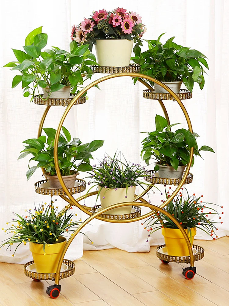 Fashionable design round shelf white black iron material 5 layers 3 tier plant flower shelve with wheel