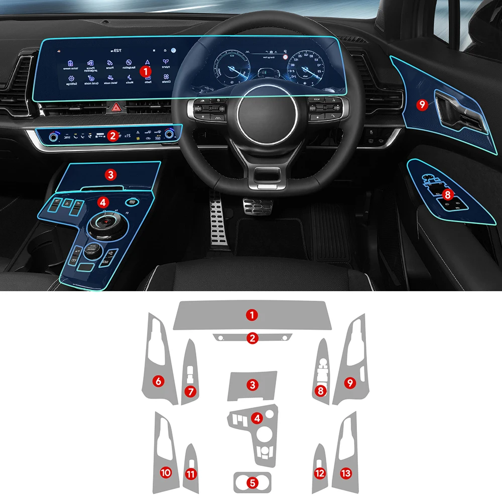 For Kia Sportage 2022‑2023 RHD TPU Full Interior Dash Protector 13Pcs AC Panel Anti‑Scratch Invisible Wrap Film Car Interior Mod