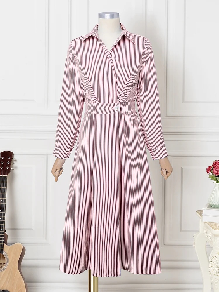 VONDA Elegante Frauen Gestreiften Lange Kleid Langarm Tasten Revers Plissee Hemd Vestidos Herbst Hohe Taille Büro Dame Party Robe