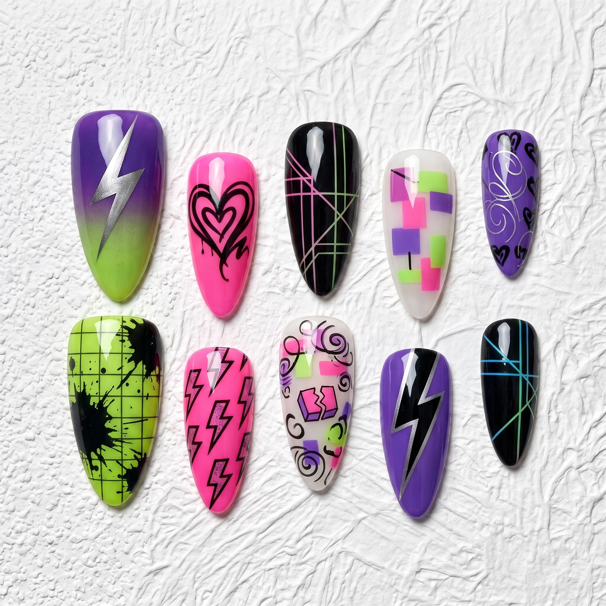 Artisan Handcrafted 10PCS Playful Stiletto Press-On Nails | Lightning Hearts, Grids, Cubes, Holiday Party Wear Salon Finish