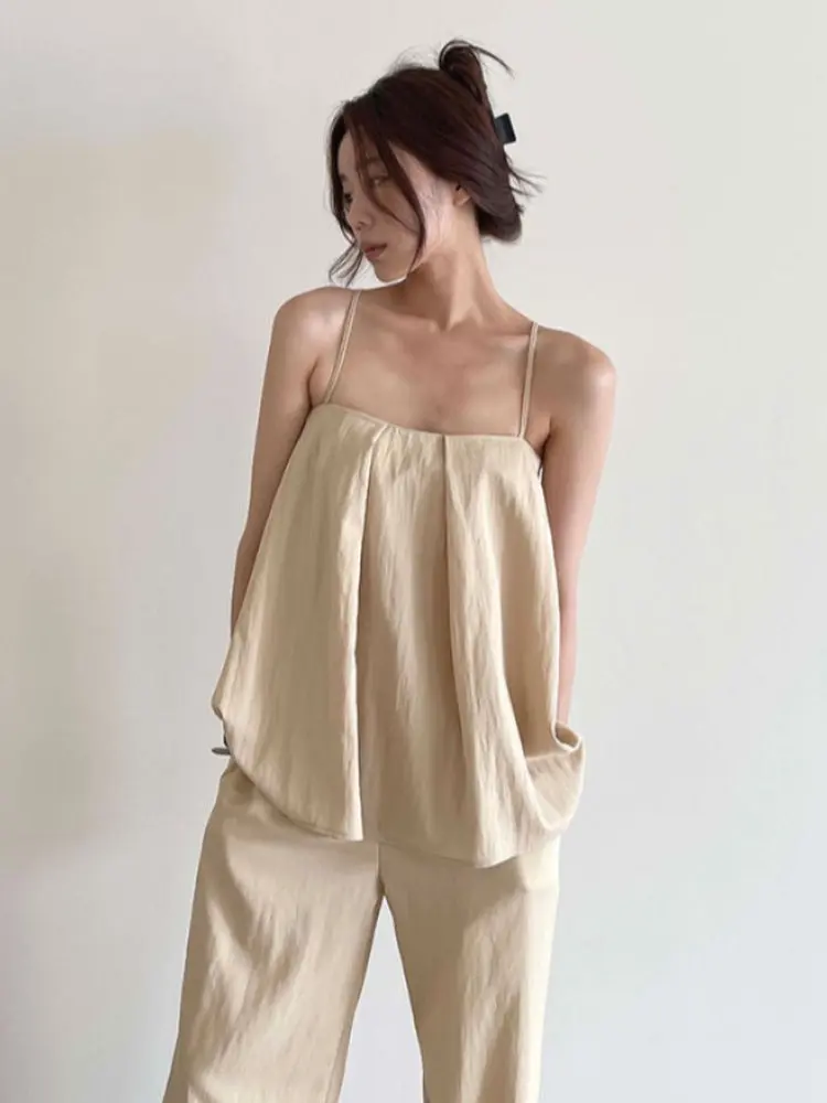 

Women's Sexy oulder Bared High Waist Loose Straight Casual Pants Set Folded Strap Vest Cotton Summer Faion Two Piece Suit