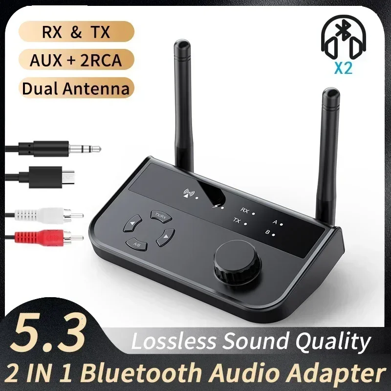 Multipoint Bluetooth 5.3 Audio Transmitter Receiver 3.5mm AUX 2 RCA Stereo Music Wireless Adapter 2-IN-1 For Car TV PC Speakers