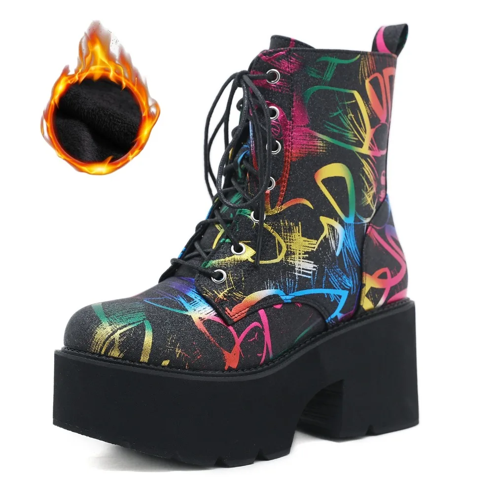 2026 Colorful Striped Round Toe Women's Ankle Boots with Velvet Zipper Thick Soled Boots Women Shoes Zapatos De Mujer
