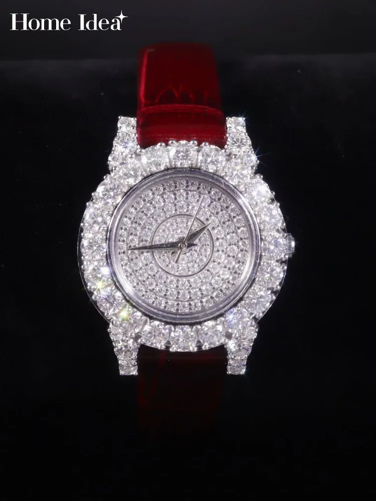 New High Quality Women Quartz Wristwatch Luxury Moissanite Diamonds Genuine Leather Strap Banquet Fashion Ladies Accessories