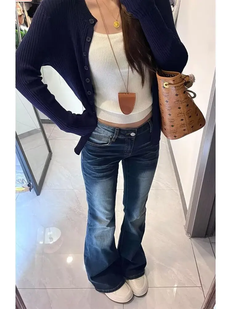 بنطال جينز نسائي من American Sle Waed متوهج من قماش الدنيم فتاة حلوة وحارة عالية الخصر للتنحيف كاجوال باللون الأزرق