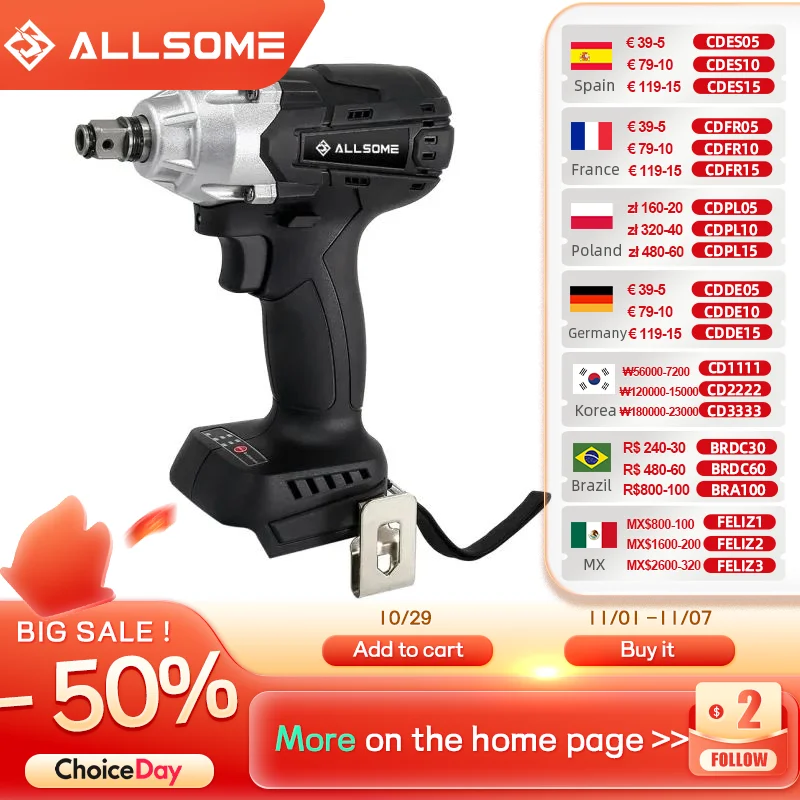 

ALLSOME 21V Brushless Cordless Electric Wrench 400N.m Compact 1/4 in. 3-Speed Impact Driver Kit For 18V Makita Lithium Battery