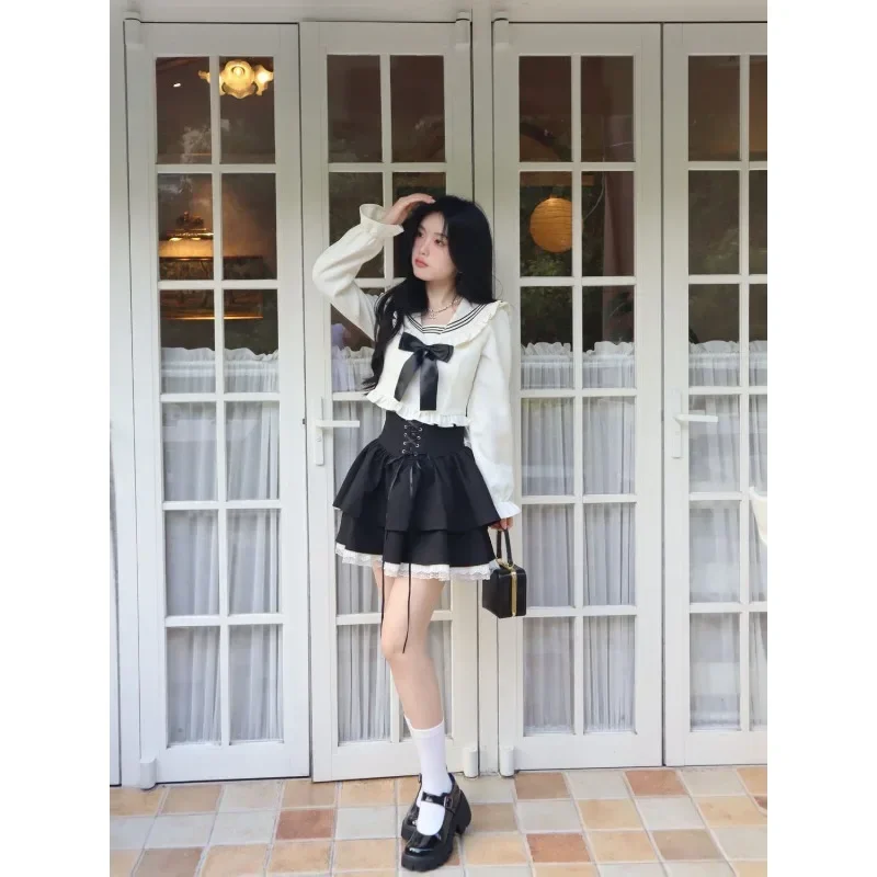 Dwuczęściowe zestawy damskie Navy Collar Bow Fungus Lace Top Tied Lace Black Sweet Skirt Set Cute Kawaii Suit Long Sleeve