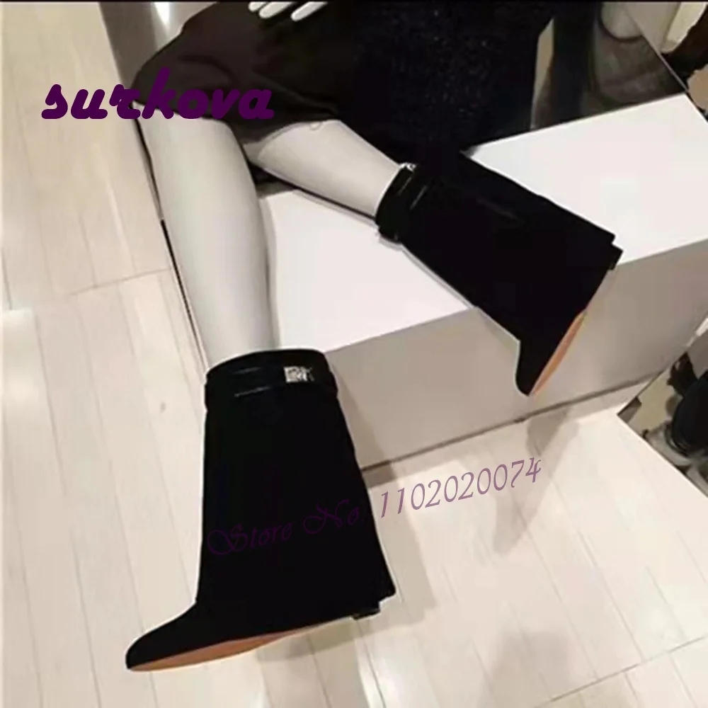 

Black Genuine Leather Padlock Mid-Calf Boots Softwear Round Toe Wedges Side Zipper Solid 2023 New Winter Runway Party Shoes Sexy