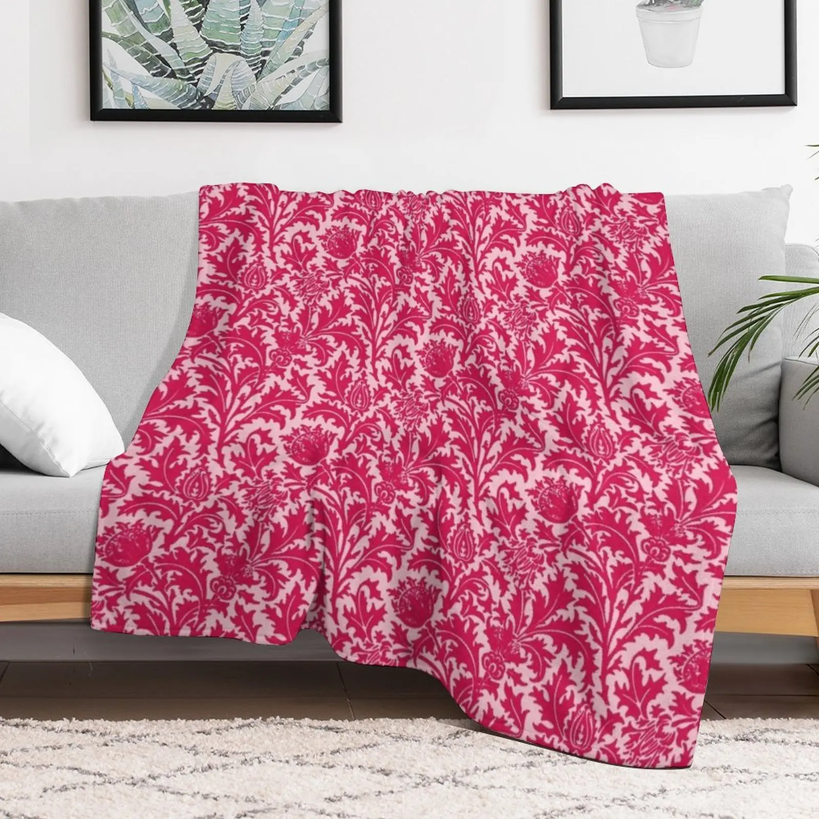 William Morris Thistle Damask, Fuchsia Pink Throw Blanket Thins Flannel Shaggy Blankets For Baby Blankets