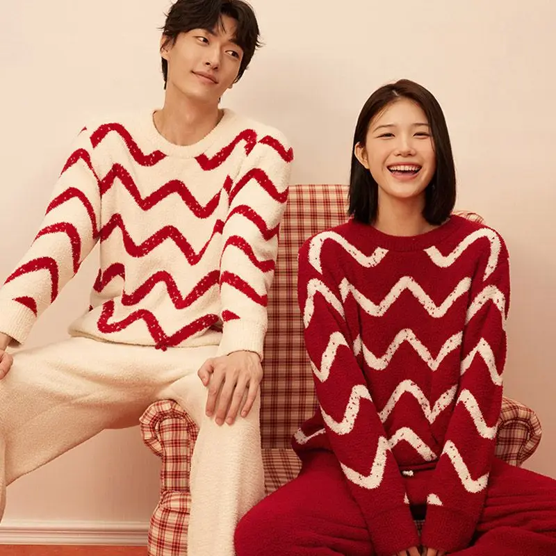 

Coral fleece pajamas autumn and winter couple red set Christmas and New Year women's home clothes