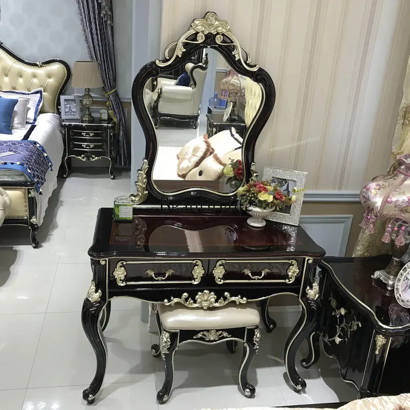 

European dressing table, solid wood carving flower dressing table, leather dressing stool combination