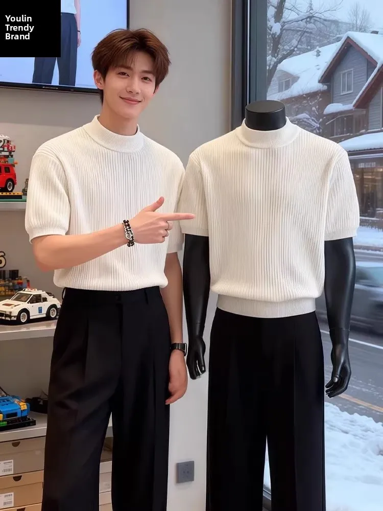 

White Knitted f High Collar ort Sve T-irt for Men Spring American Retro Small Collar oulder Fit Casual Sle Brea...