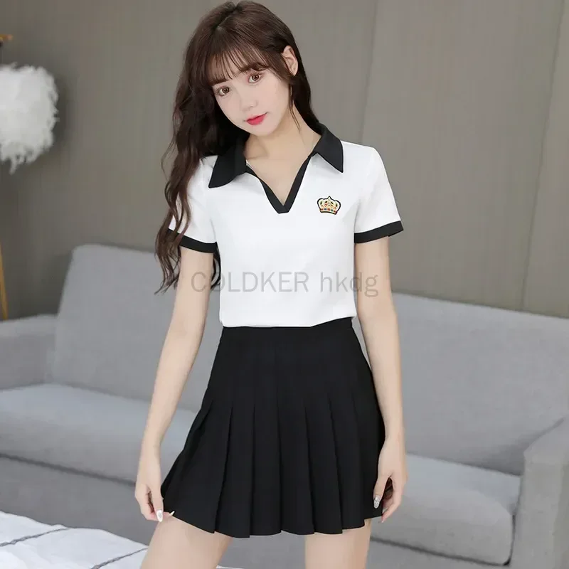 Summer 2024 Two Piece Set Summer Outfits Polo T Shirt Women Tops + Pleated Skirt Set for Women