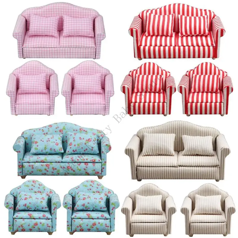 

3 PCs Dollhouse Living Room Scene Miniature Single Sofa Loveseat Couch Cushions Set For 1/12 Dollhouse Modern Funiture Model